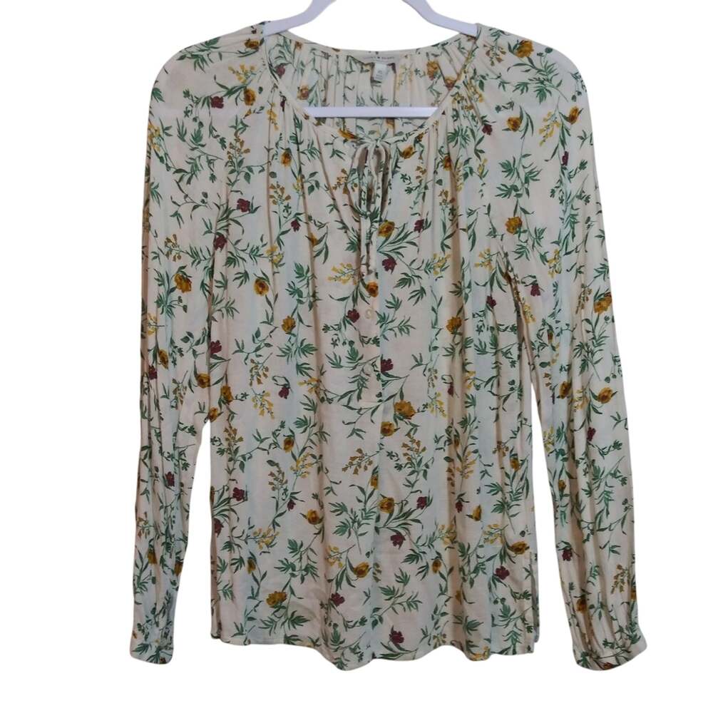 Lucky Brand Malia Ditsy Floral Long Sleeve Tie Neck Popover Blouse Size XS